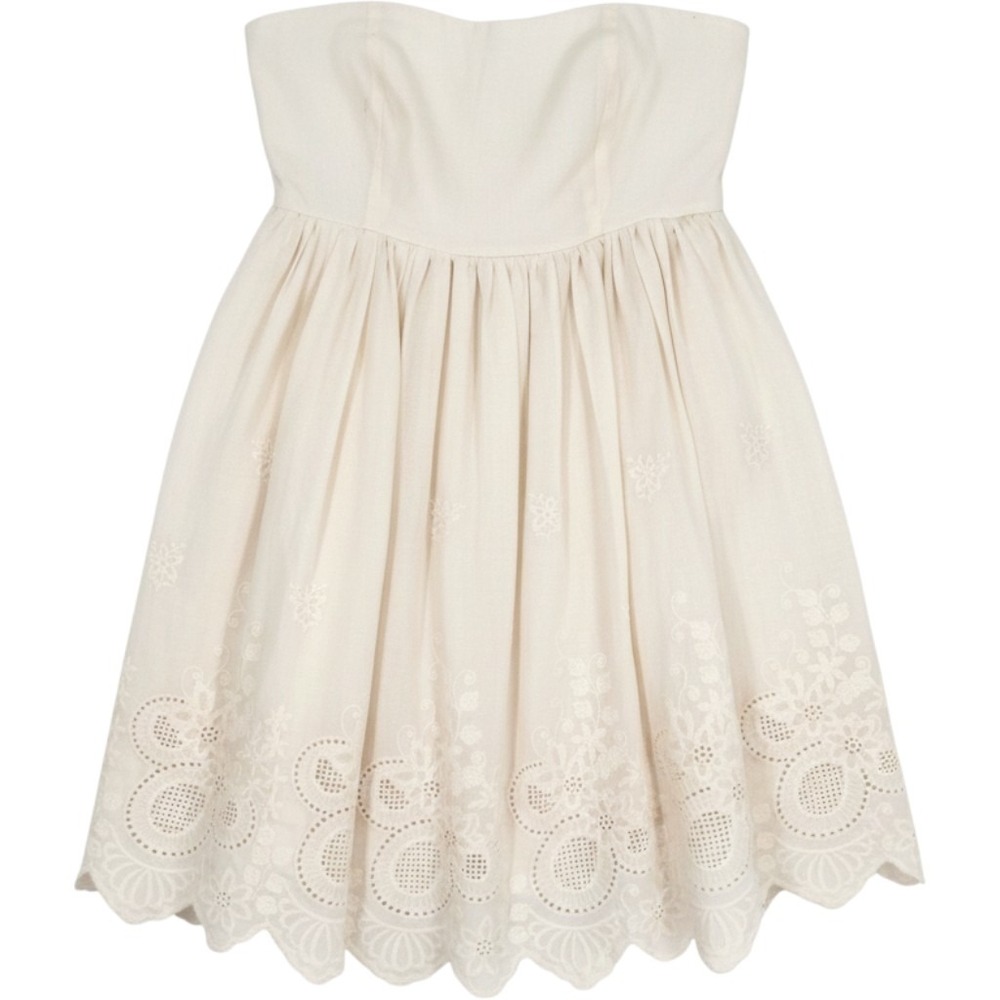 NWOT A Collective Story Strapless Eyelet Mini Dress Cream Embroidered Scallop M